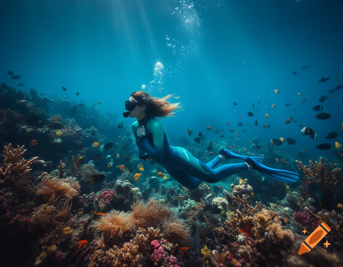 A woman scuba diving in a blue wetsuit and mask over a vibrant coral reef filled with colorful fish.