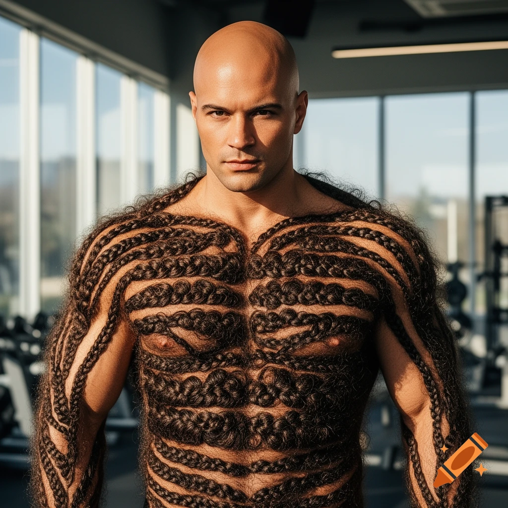 A bald man with intricate braided hair patterns on his chest and arms, posing in a gym.