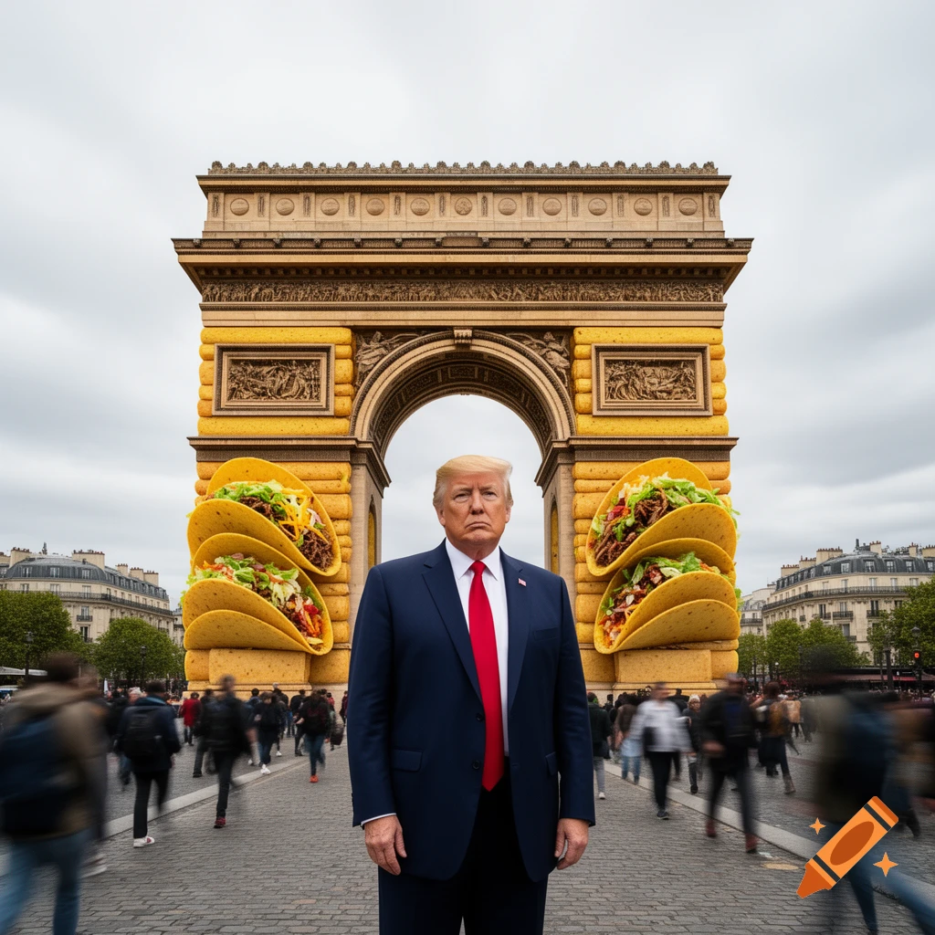 Donald Trump stands in front of a surreal Arc de Triomphe made of giant tacos, with blurred people in the background.