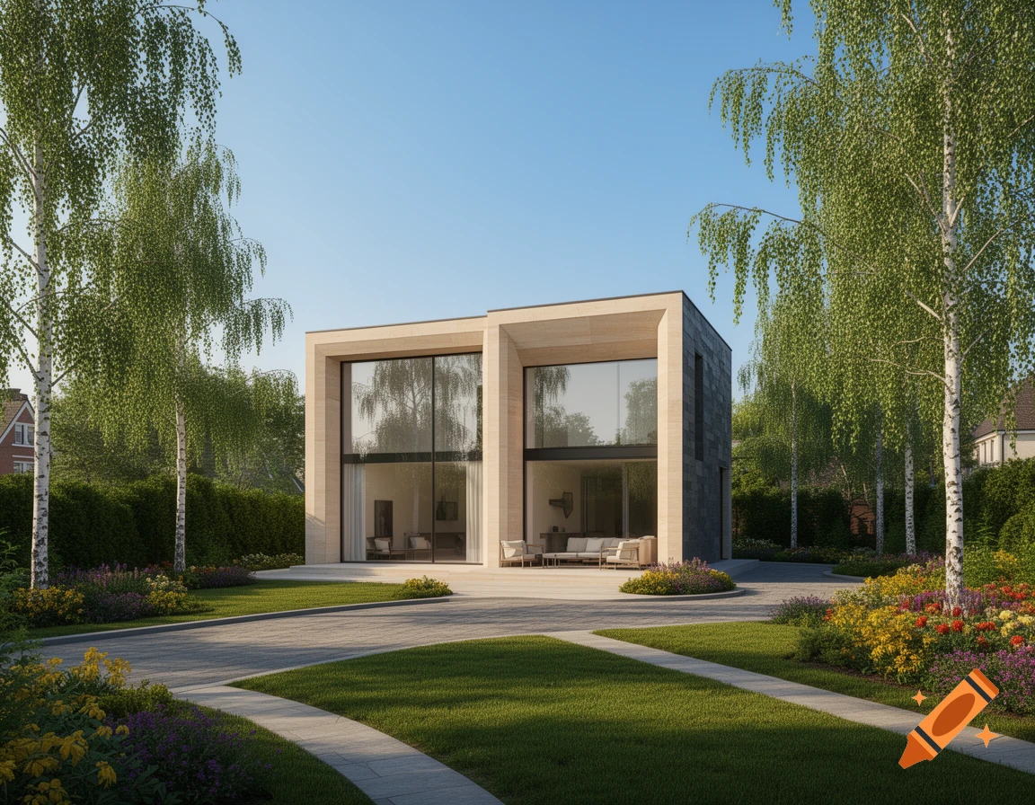 A modern, two-story house with large glass windows in a landscaped garden with birch trees and colorful flowers under a clear sky.