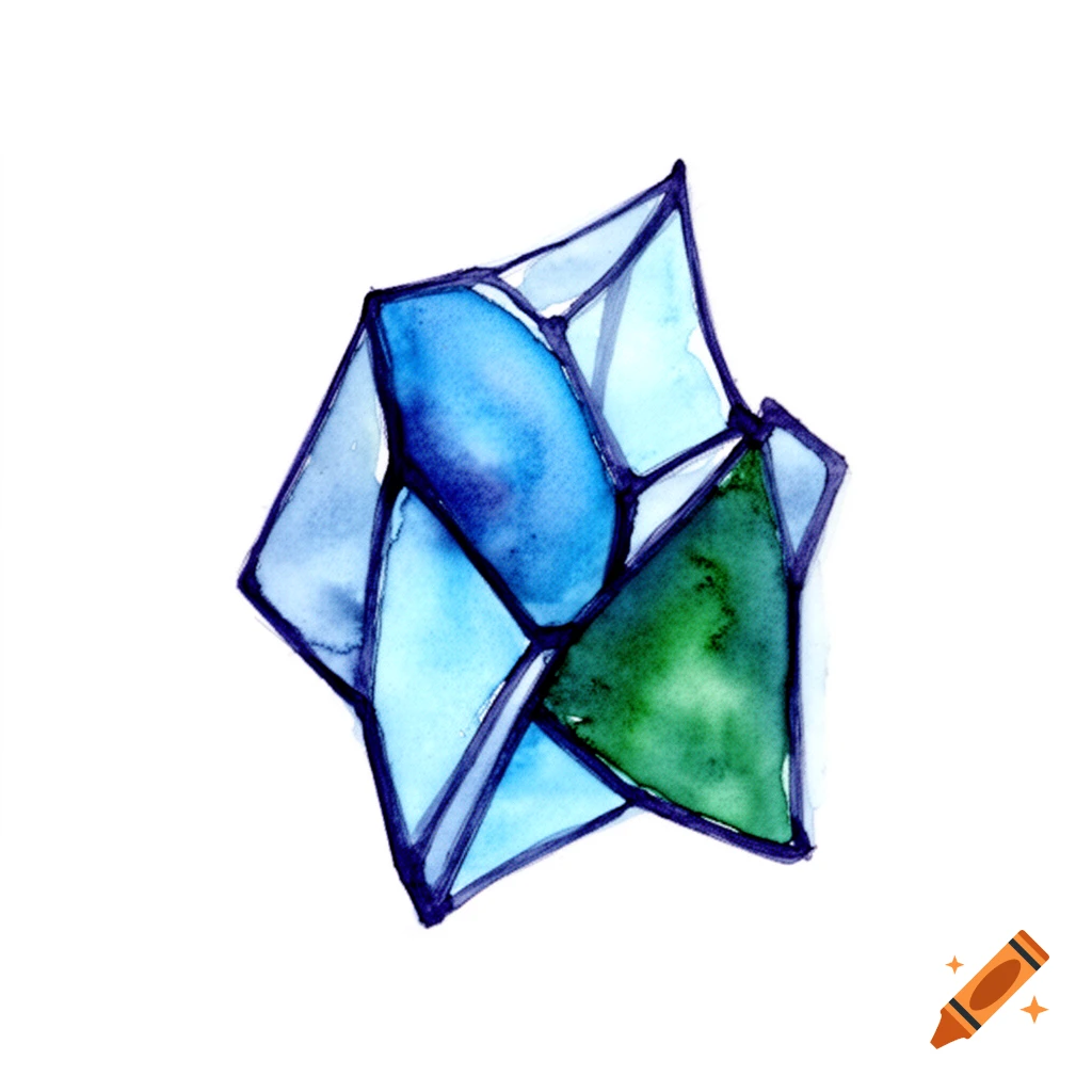 A watercolor illustration of an abstract geometric shape with shades of blue and green, outlined in dark blue, on a white background.
