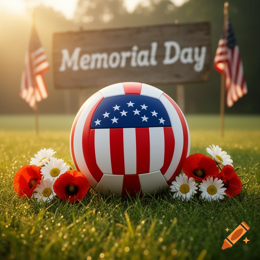 An American flag volleyball on dewy grass with poppies and daisies, with a blurred 'Memorial Day' sign and US flags in a sunny field.