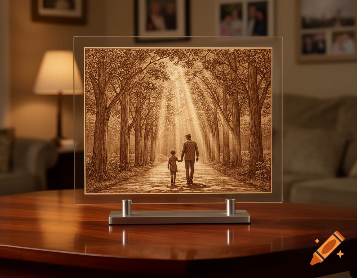 A sepia-toned laser art piece of a father and child walking hand-in-hand down a tree-lined path, displayed on a wooden table.