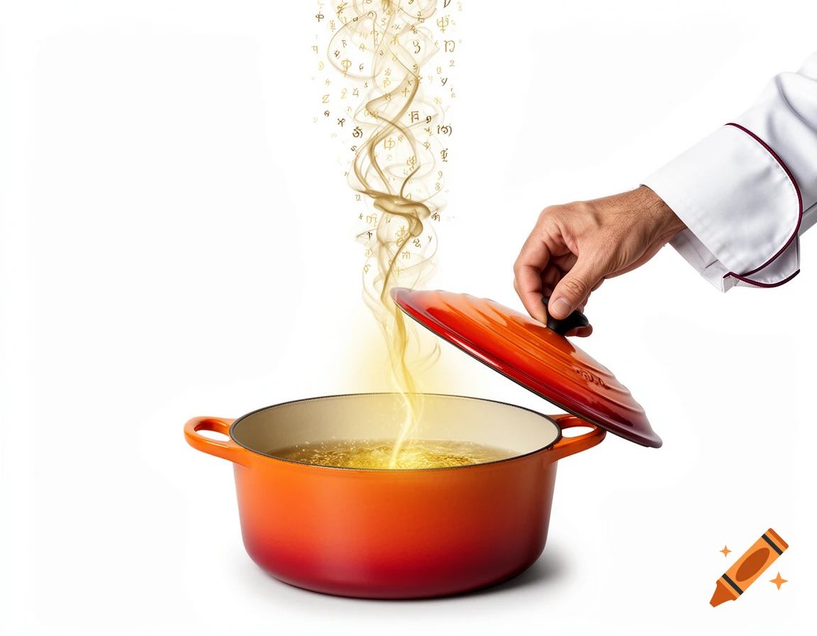 A chef's hand lifts the lid from an orange pot, releasing golden steam with mystical symbols.