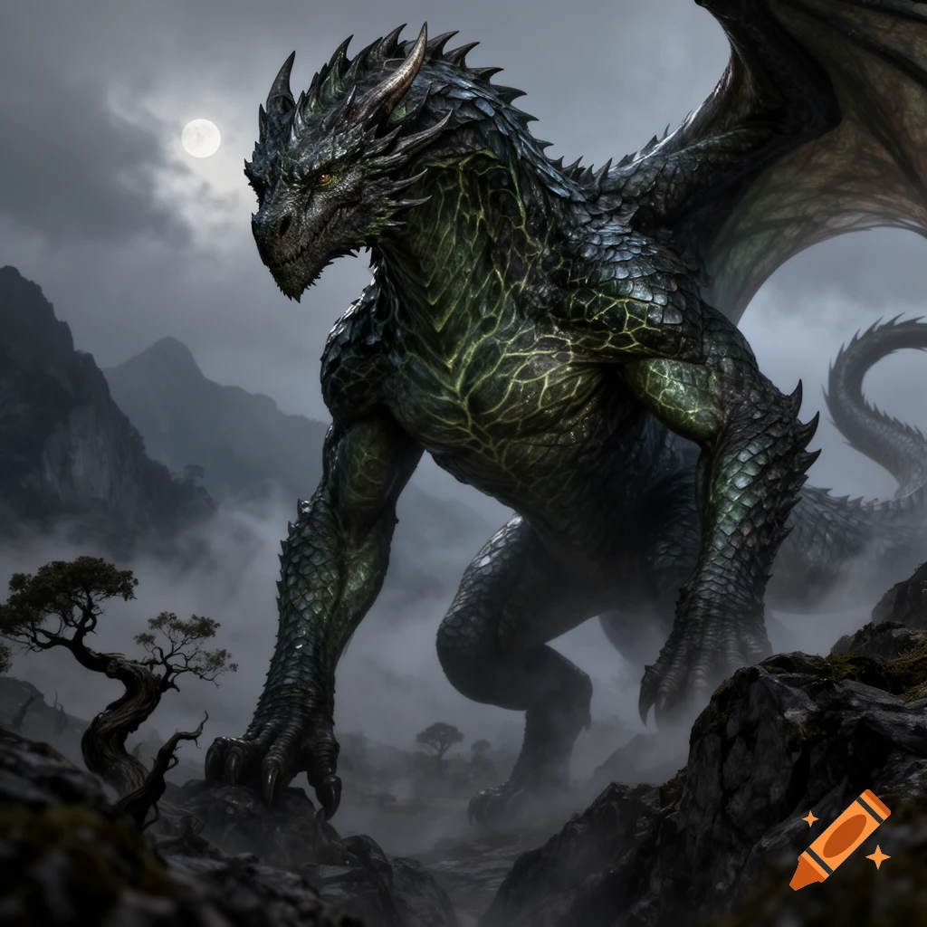 A massive, green-scaled dragon with glowing veins stands on a rocky, foggy mountain under a full moon.