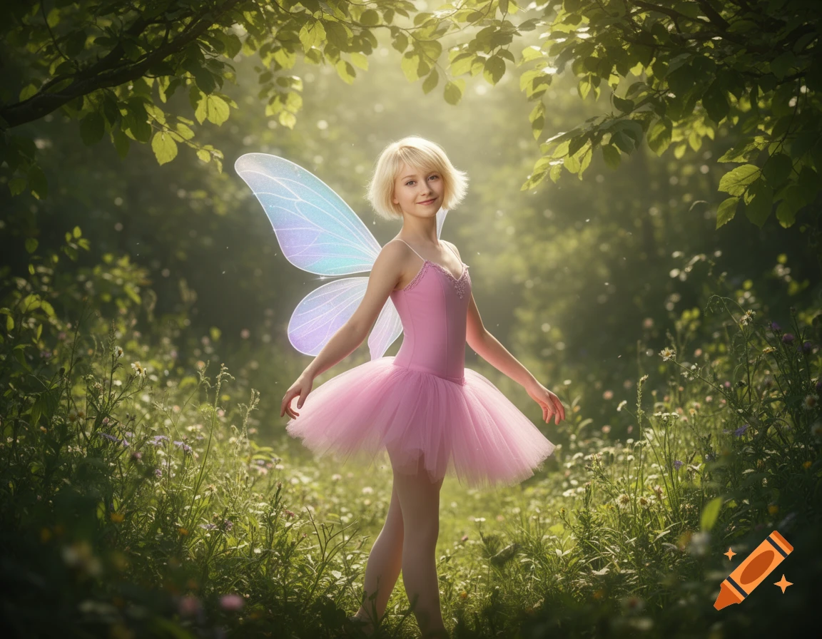 A young girl with blonde hair in a pink ballet tutu and shimmering fairy wings stands in a sunlit forest.