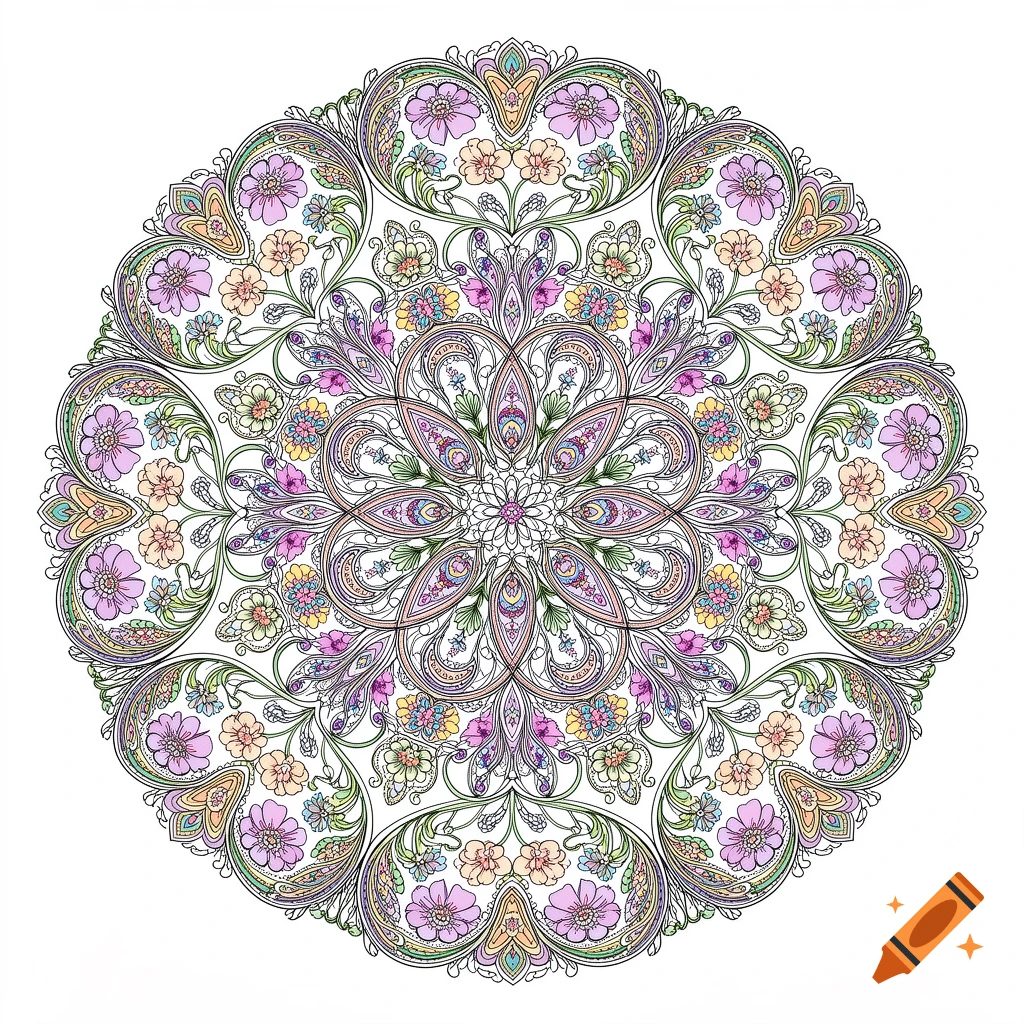 An intricate, circular mandala pattern featuring delicate floral and paisley designs in pastel colors on a white background.