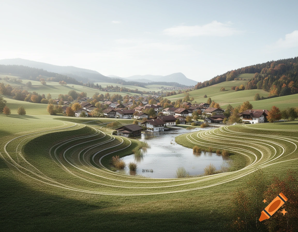 Photorealistic view of a village nestled in a valley with rolling green hills and a winding river flanked by terraced banks.