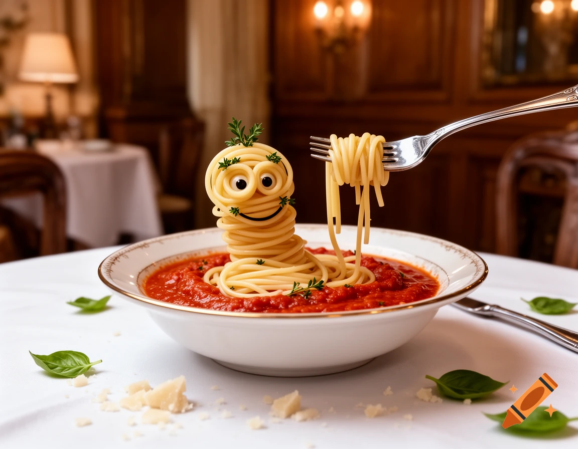 A cheerful spaghetti creature sits in a bowl of tomato sauce on a white table in a restaurant, as a fork lifts noodles.