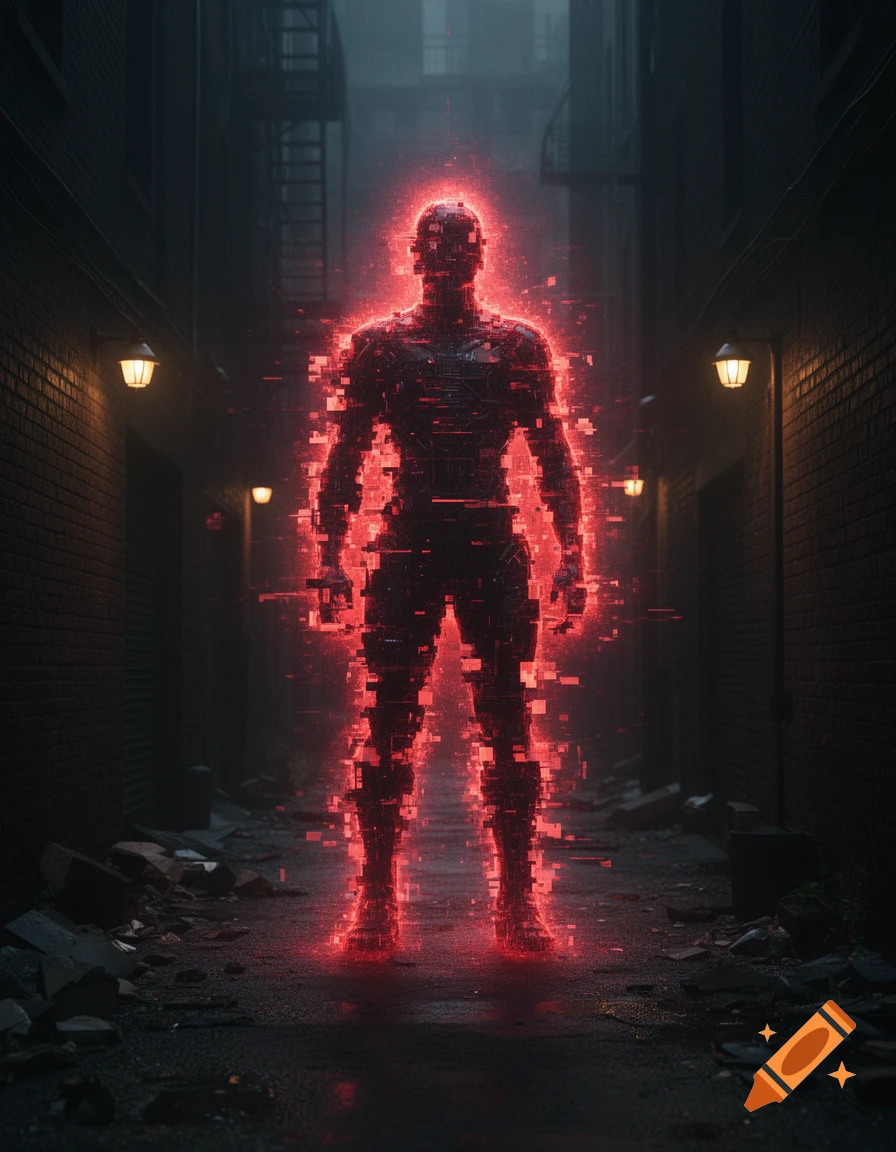 A glowing red glitchy humanoid figure stands in a dark, grimy alleyway, illuminated by dim streetlights.