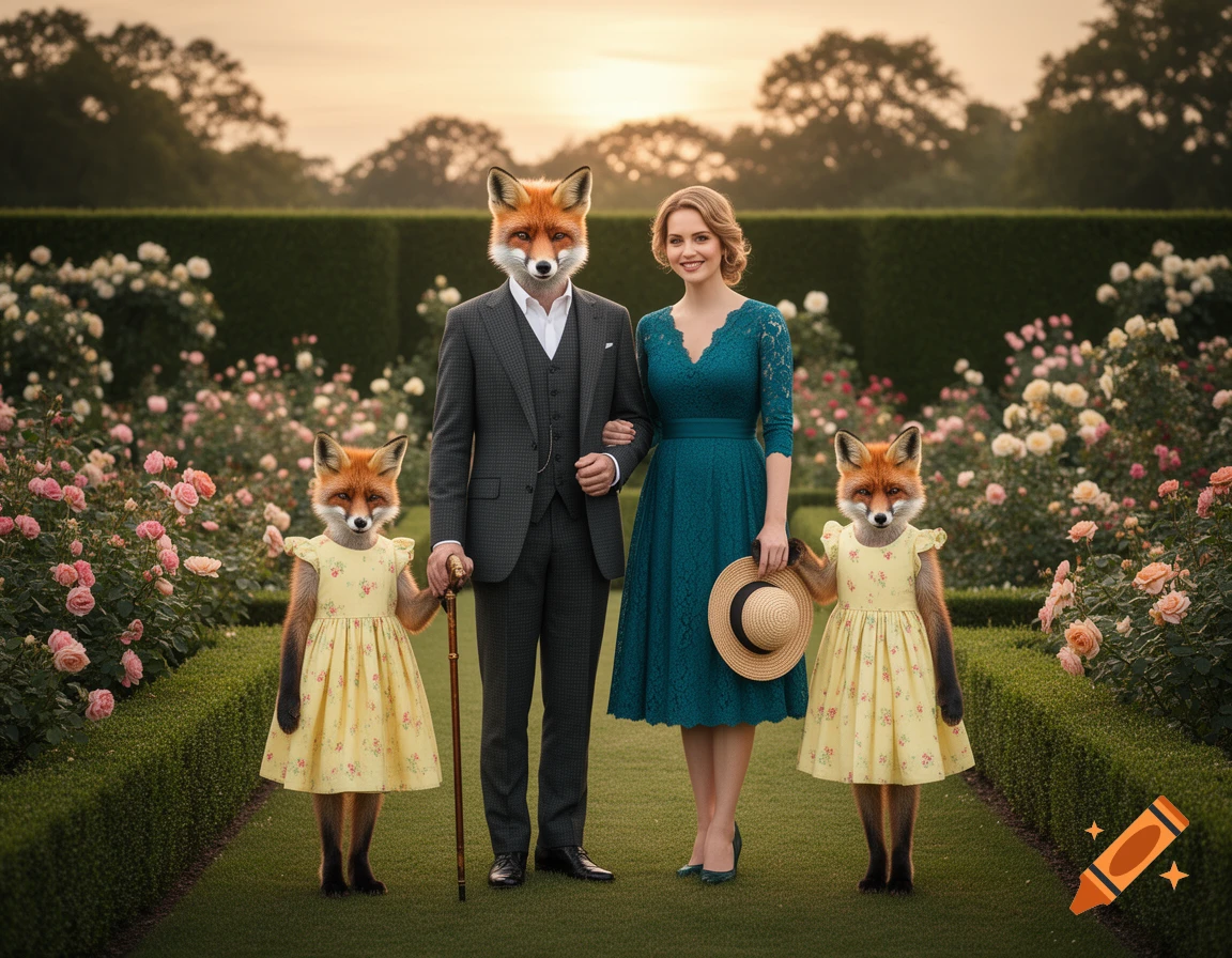 A photorealistic anthropomorphic fox family in a rose garden: father in a suit, mother in a teal dress, two daughters in yellow floral dresses.
