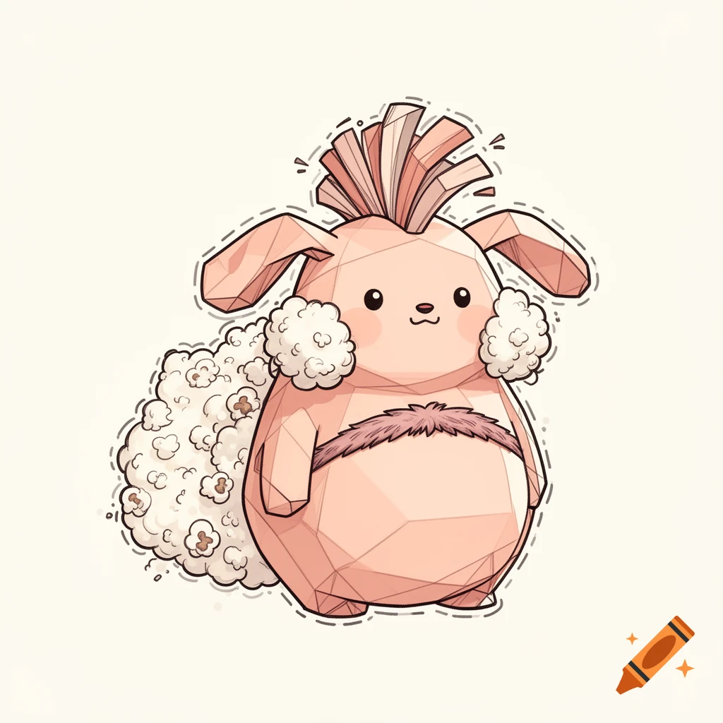 A cute, light pink geometric cartoon creature with rabbit ears, spiky mohawk, fluffy cheek tufts, and a popcorn-like tail.
