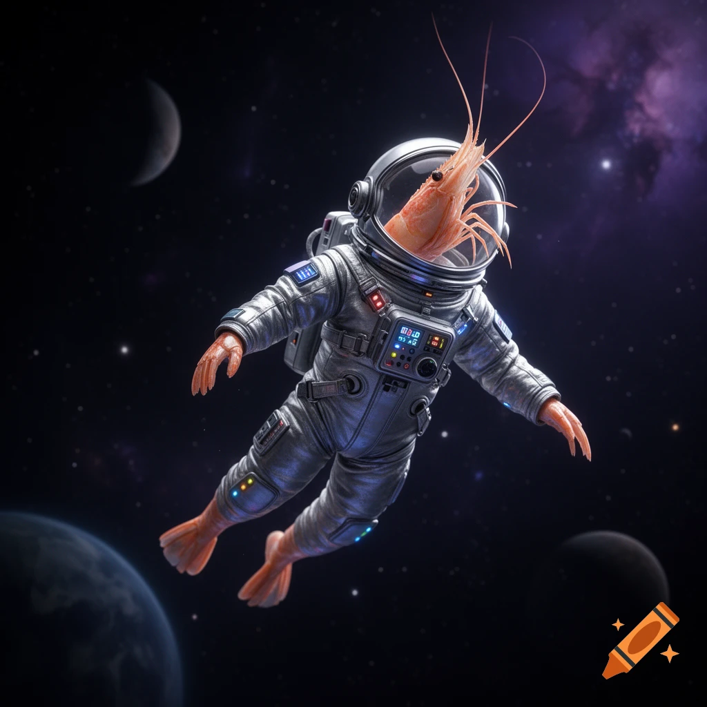 A photorealistic image of a shrimp in a detailed astronaut suit, floating in deep space with planets and nebulae visible in the background.