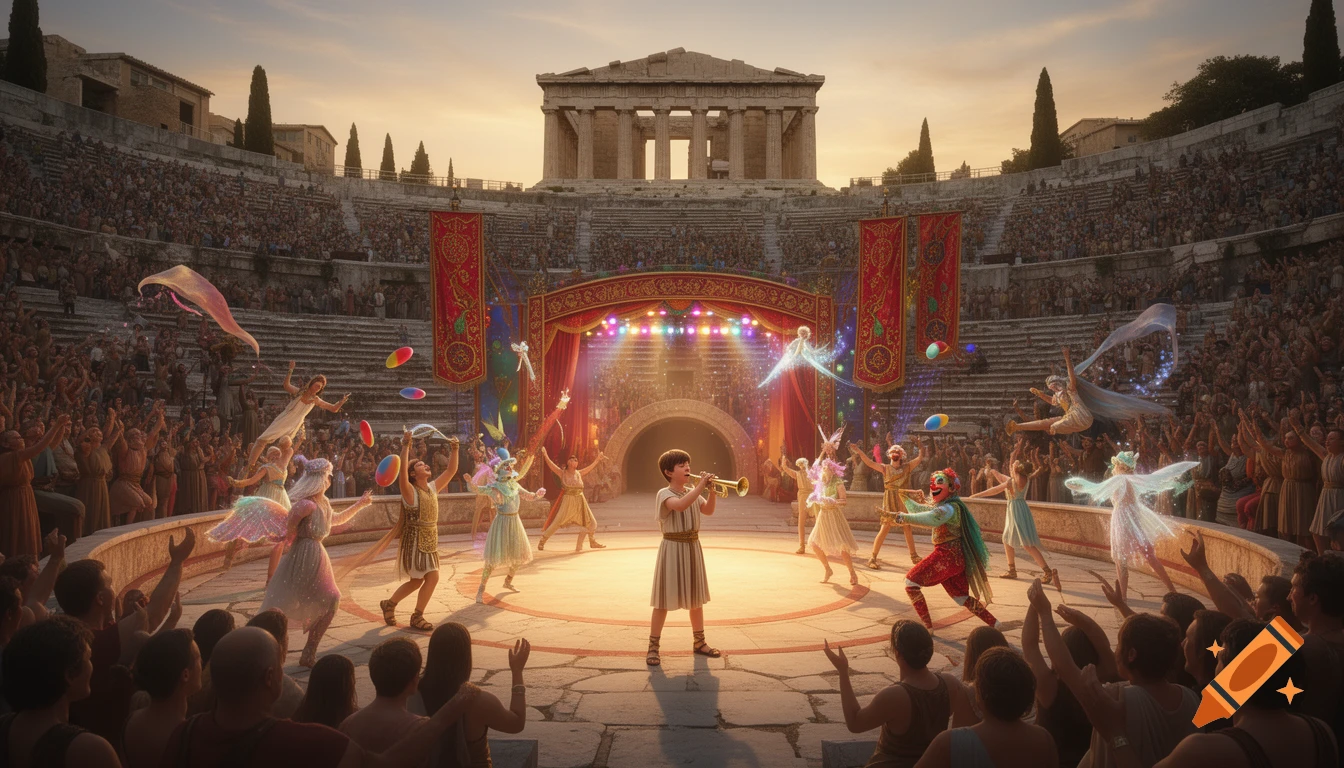 A boy plays a trumpet on a stage in an ancient Greek amphitheater with circus performers and a cheering crowd at sunset.