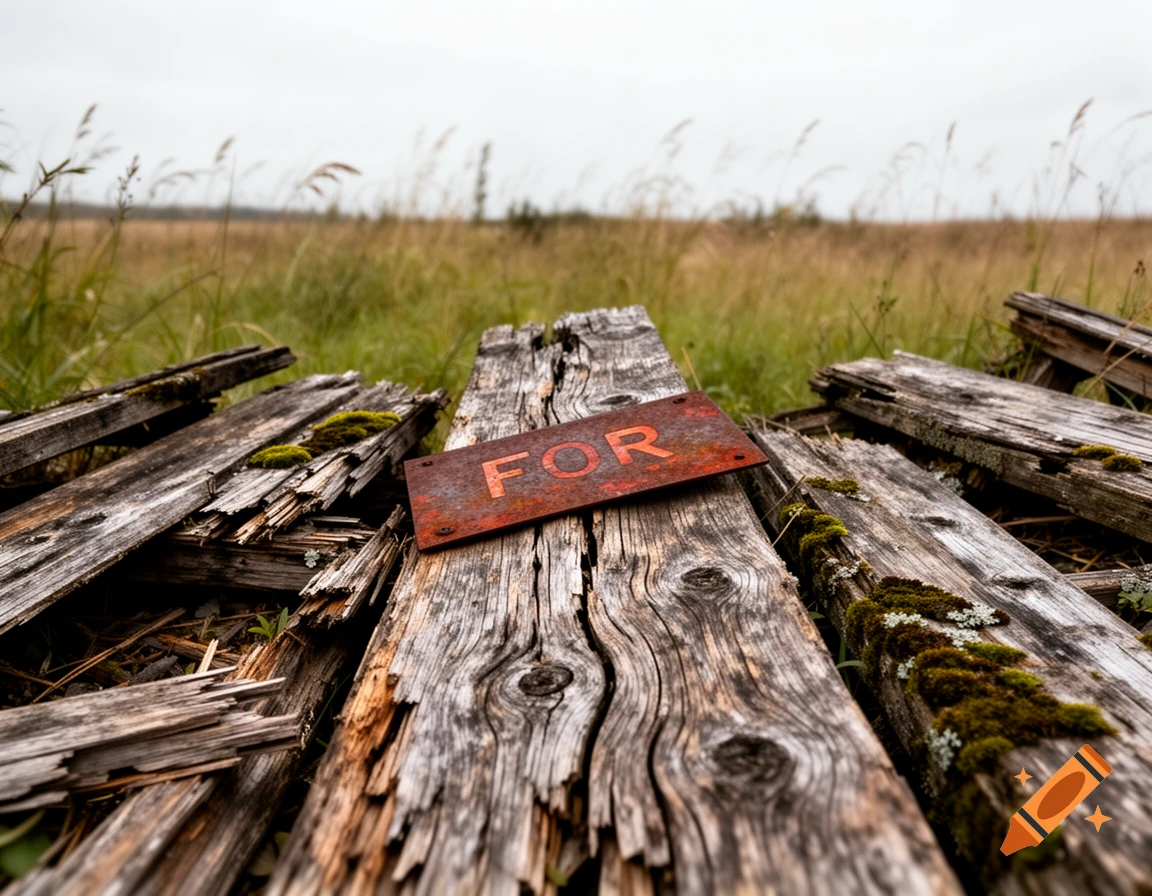 A close-up of old, rotting wooden planks with moss, featuring a rusty metal sign reading "FOR" in a grassy field.