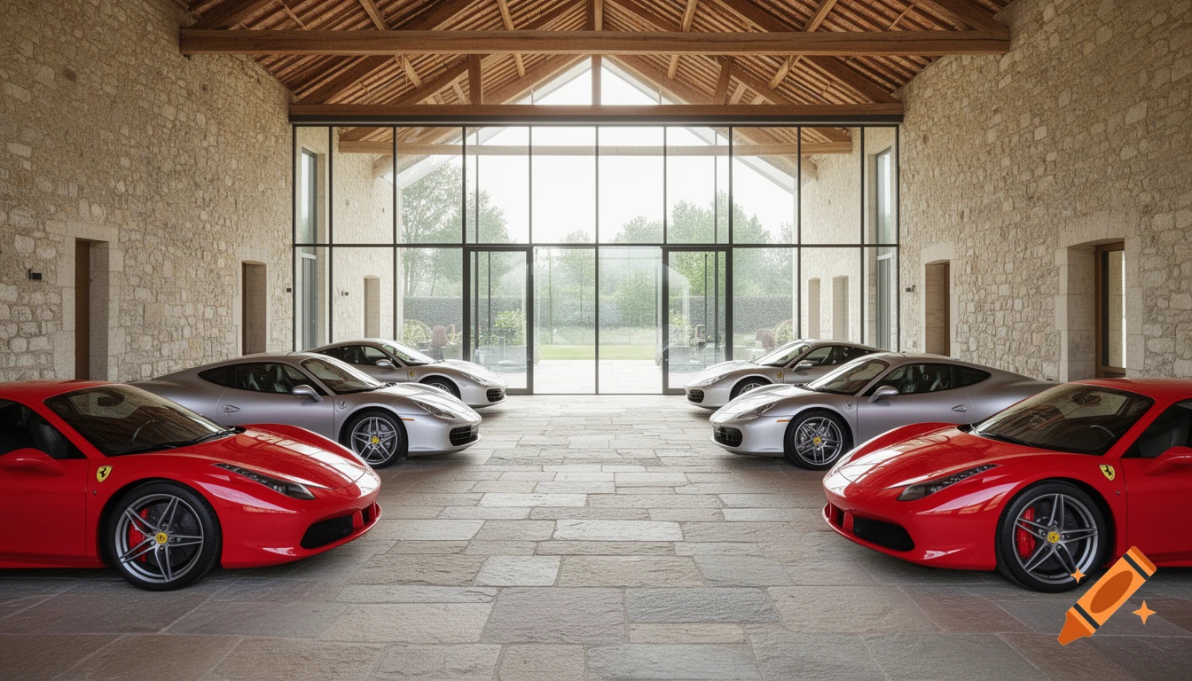 A modern barn conversion with a glass front, housing eight luxury sports cars, including red and silver Ferraris, on a natural stone floor.