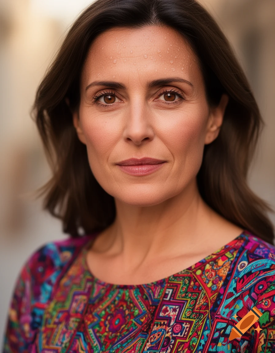 Photorealistic portrait of a woman with brown hair and eyes, wearing a vibrant patterned dress, with sweat on her forehead.