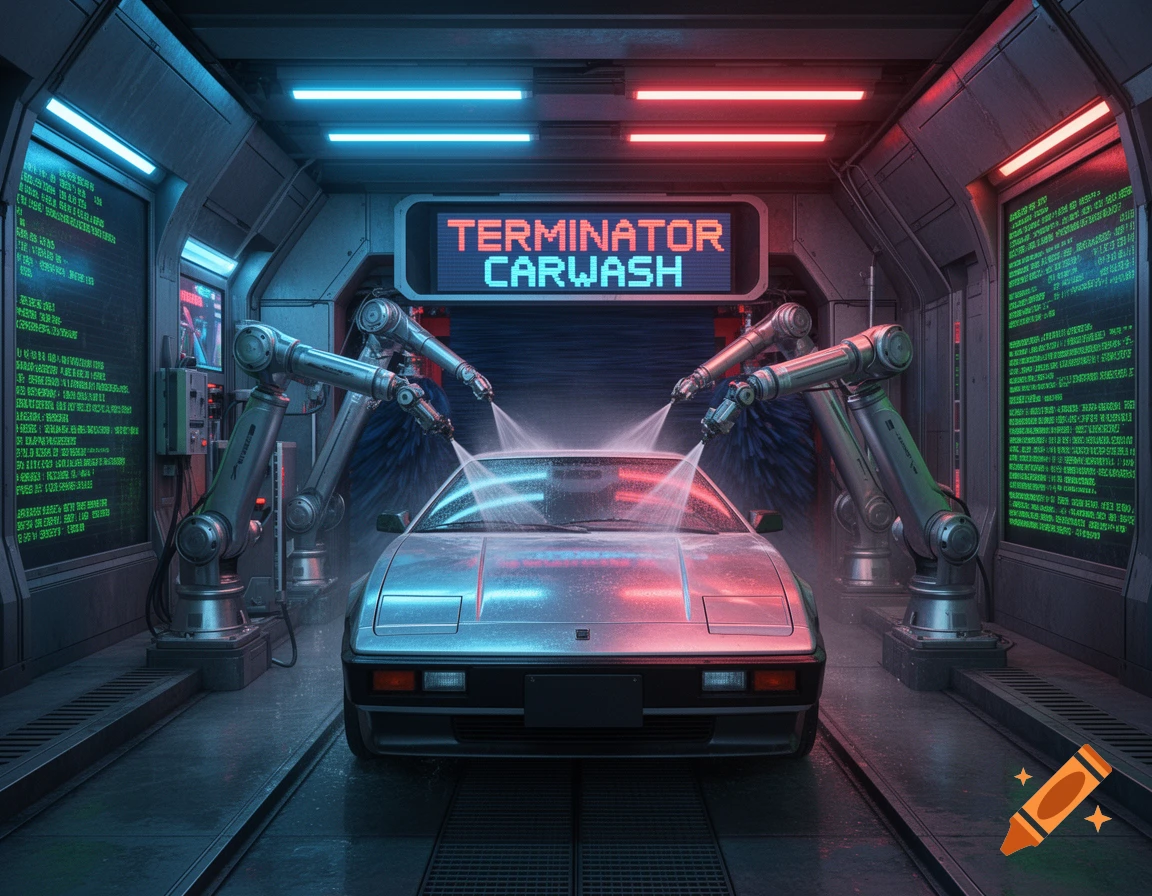 A futuristic carwash with neon lights, robotic arms spraying a silver sports car, and screens displaying green code.