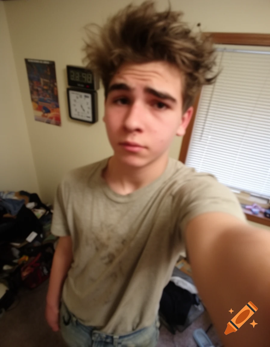 A young man with messy hair takes a selfie in a cluttered room with a clock on the wall.