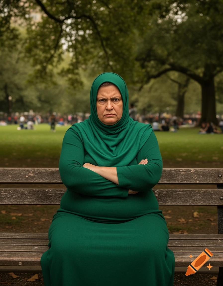 An angry woman in a green hijab and dress sits on a park bench with crossed arms. Photorealistic.