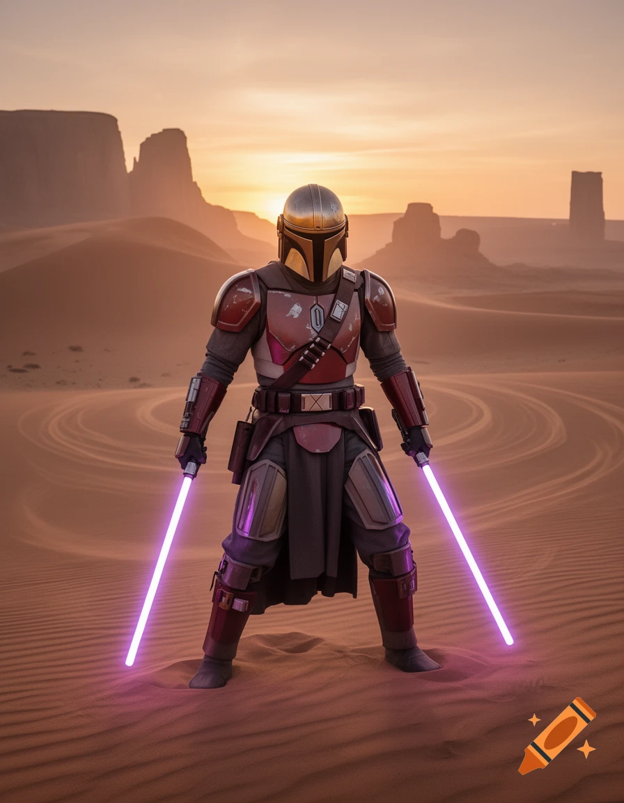 A photorealistic Mandalorian-like figure stands in a desert landscape at sunset, holding two glowing purple lightsabers.