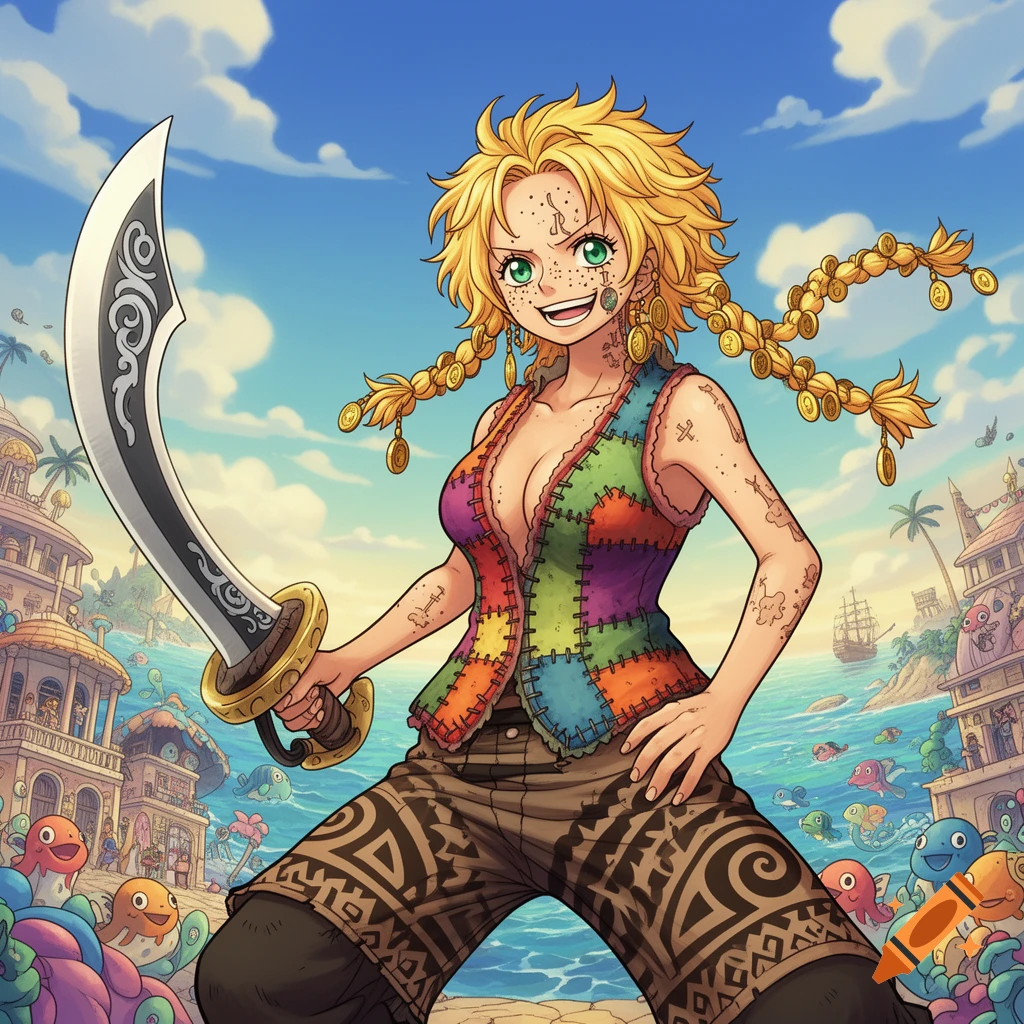 An anime-style pirate girl with wild blonde hair, braided pigtails with coins, and a colorful patched vest, holding a scimitar on a beach with a bustling port town and cheerful sea creatures.