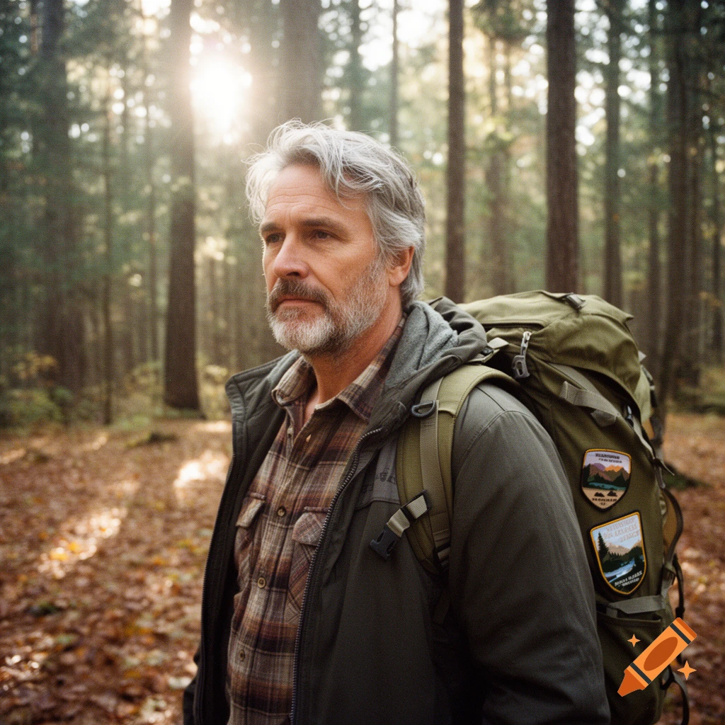 A man with gray hair and a beard, wearing a plaid shirt, jacket, and backpack, stands in a sunlit forest.