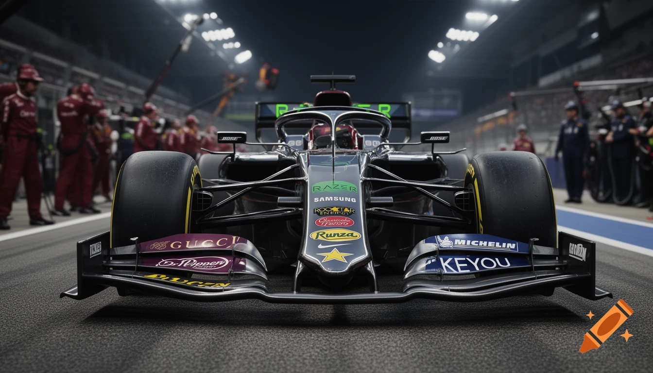 A low-angle, front view of a sleek, black modern F1 car on a race track at night, featuring various sponsor logos and pit crew in the background.