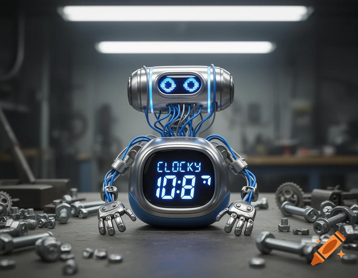 A blue and silver robot clock displays "CLOCKY 10:80" on its chest screen, sitting in a workshop surrounded by bolts in a photorealistic style.