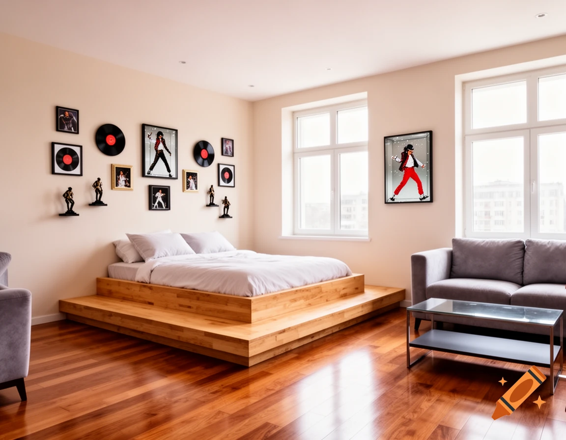 A modern studio bedroom featuring a wooden platform bed, gray sofa, and walls decorated with Michael Jackson art and vinyl records.