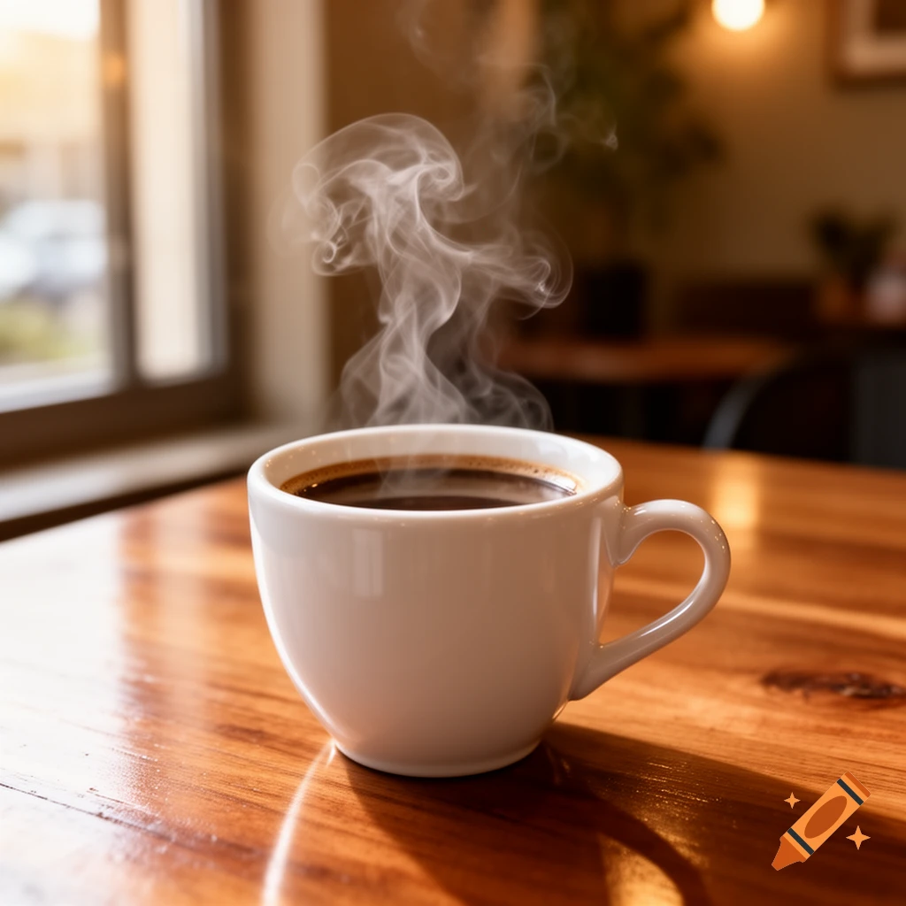 Steaming hot black coffee in a white cup on a wooden table in a cafe, bathed in warm light.