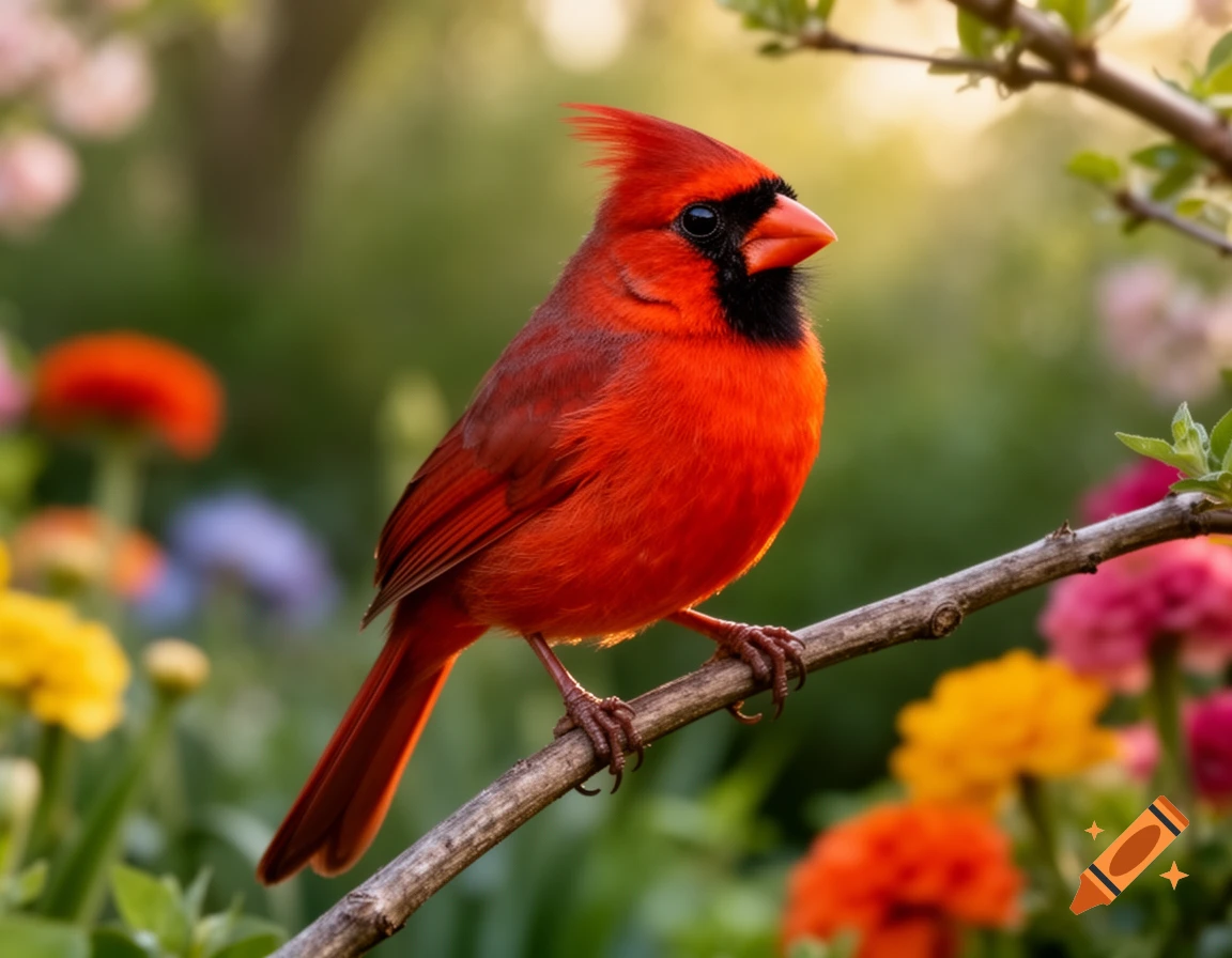 A vibrant red cardinal bird perched on a branch in a lush garden with colorful blurred flowers.
