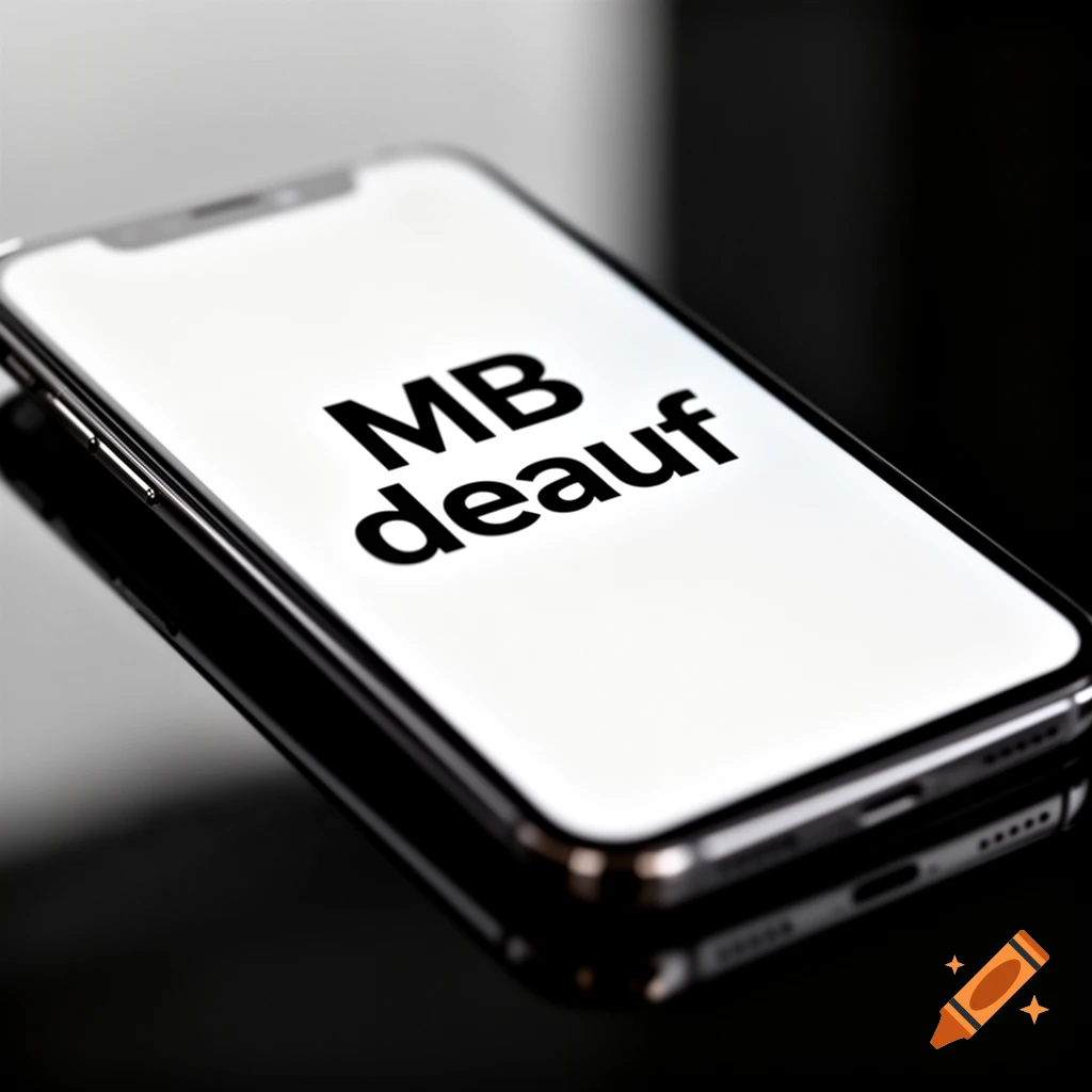 A close-up of a smartphone on a reflective surface, displaying "MB deauf" in bold black letters on its white screen.