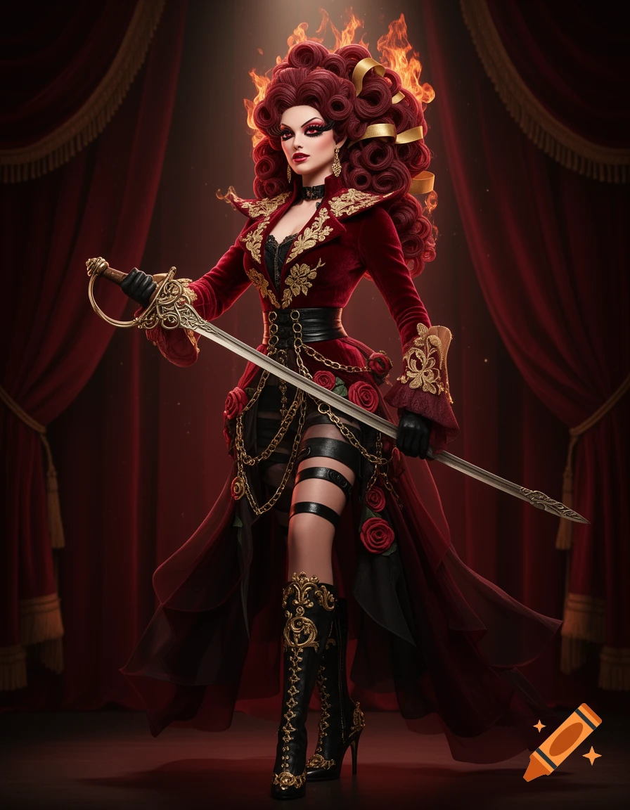 A dramatic woman in a red velvet and gold outfit with flaming dark red hair, holding a sword on a stage with red curtains.