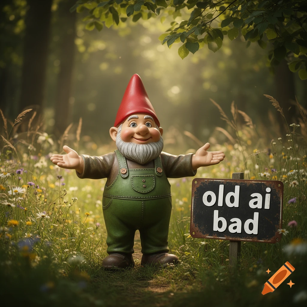 A cheerful garden gnome in a red hat and green overalls stands in a sunny forest path, arms outstretched, next to a sign reading 'old ai bad'.