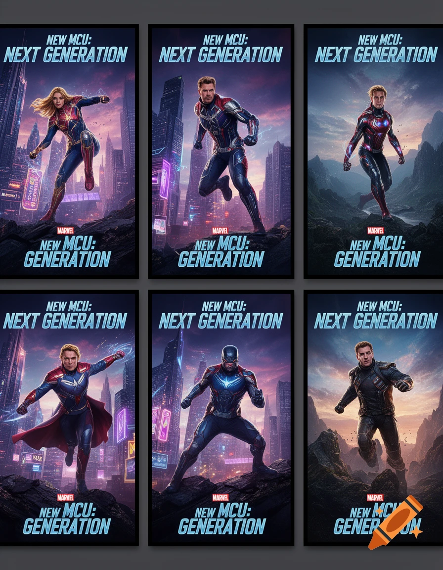 Six stylized posters for 'NEW MCU: NEXT GENERATION' featuring various superhero characters in dynamic poses against cityscapes and mountain backdrops.