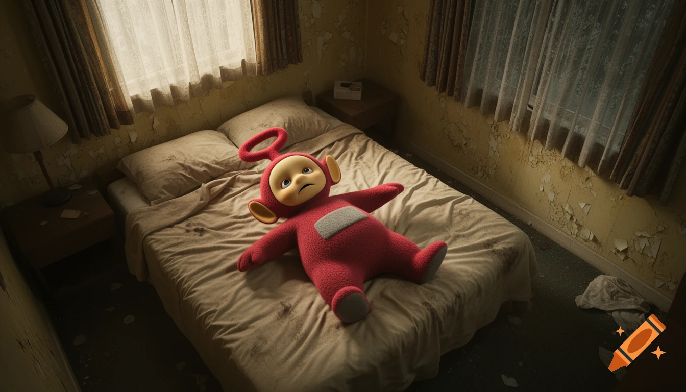 Hyperrealistic image of Po the red Teletubby lying sadly on its back with spread limbs in a dirty motel bed within a dilapidated room.