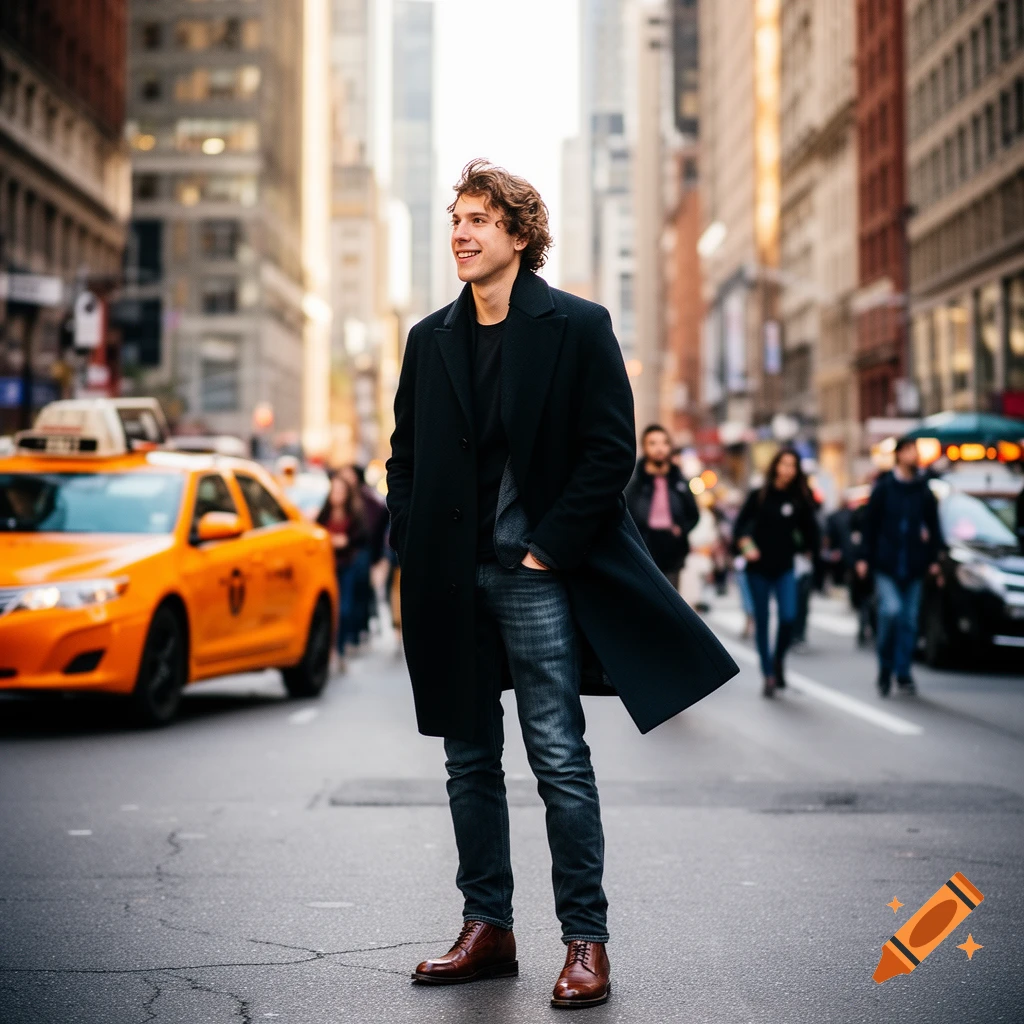 Young man in a black coat and jeans standing in the middle of a busy city street with a yellow taxi and tall buildings.