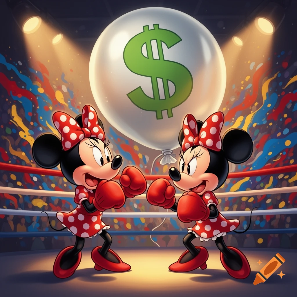 Two Minnie Mouse characters in boxing gloves and polka dot dresses face off in a ring under a dollar sign balloon.