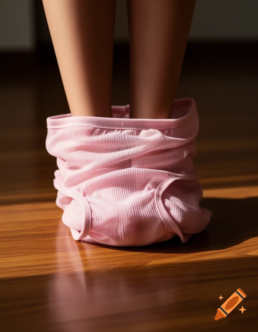 Close-up of human legs with pink ribbed underwear bunched around the ankles on a wooden floor, lit by sunlight.