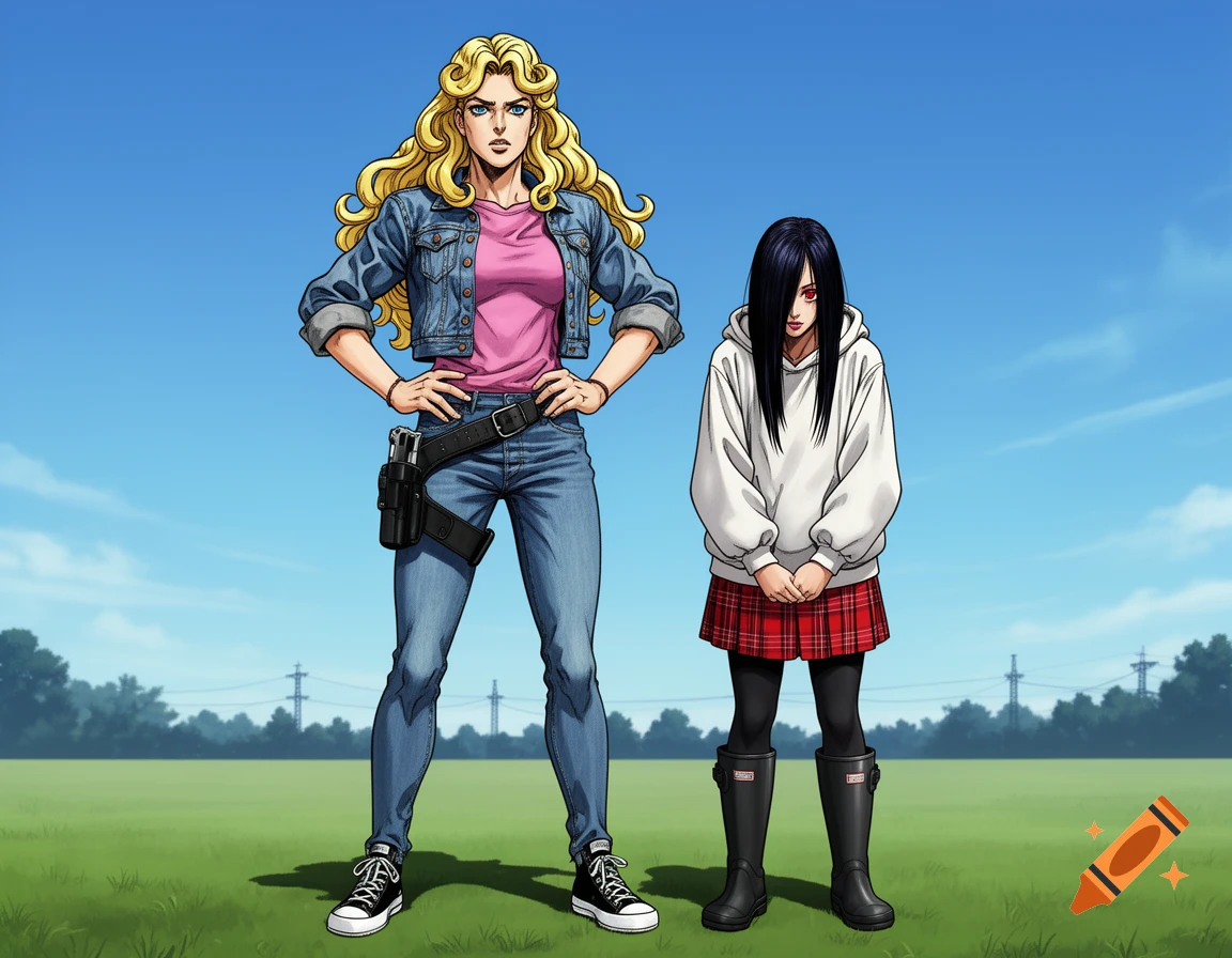 Two women in a Jojo's Bizarre Adventure art style stand in a field; one with blonde hair in a denim jacket, and another with black hair in a white hoodie and plaid skirt.