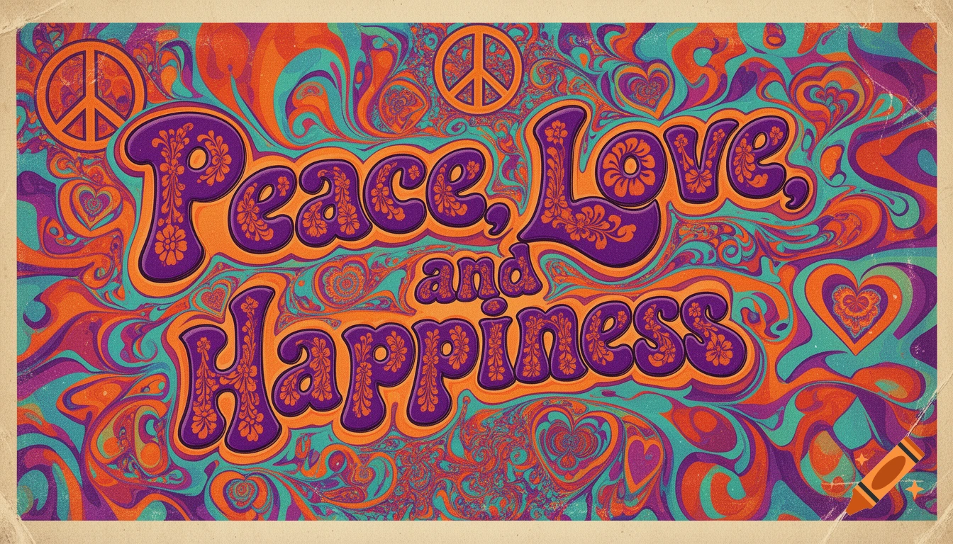 A vibrant psychedelic hippie poster with "Peace, Love, and Happiness" in ornate purple and orange letters, surrounded by swirling patterns and peace symbols.