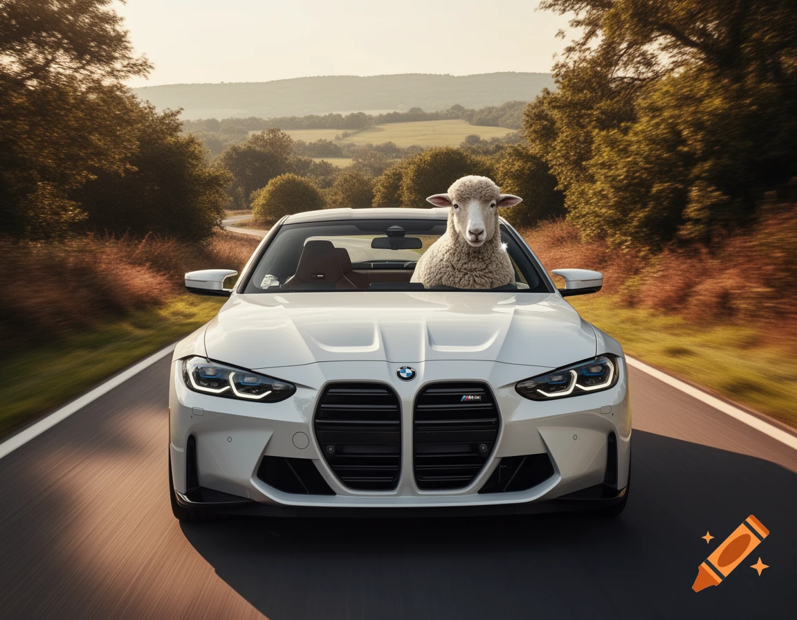 A fluffy white sheep drives a white BMW M4 convertible down a winding country road, with green trees and hills in the background.
