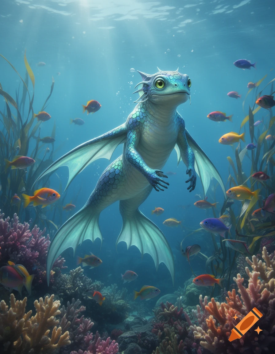 A blue-green scaly anthropomorphic lizard creature with fins swims in a vibrant coral reef, surrounded by colorful fish and sunlit water.