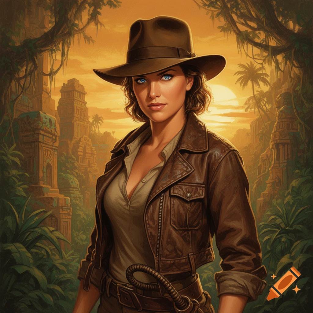 A woman in an Indiana Jones-style outfit and hat stands in a jungle with ancient ruins at sunset, painted style.