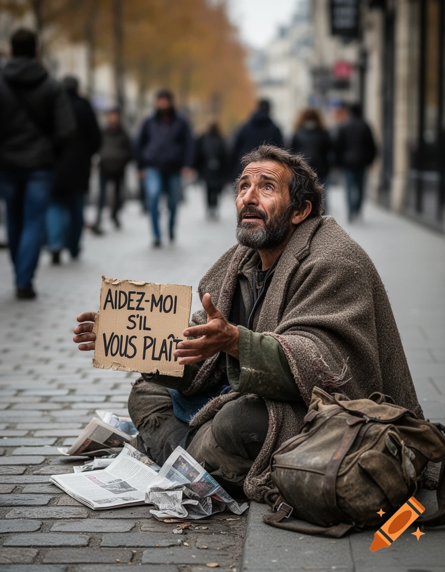 A photorealistic image of a bearded homeless man in ragged clothes sits on a street, holding a 'HELP ME PLEASE' sign and looking up.