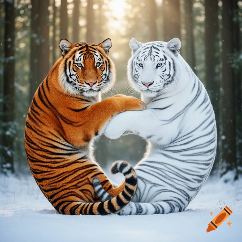 Photorealistic image of an orange tiger and a white tiger posed like a yin-yang symbol in a snowy forest, bathed in sunlight.