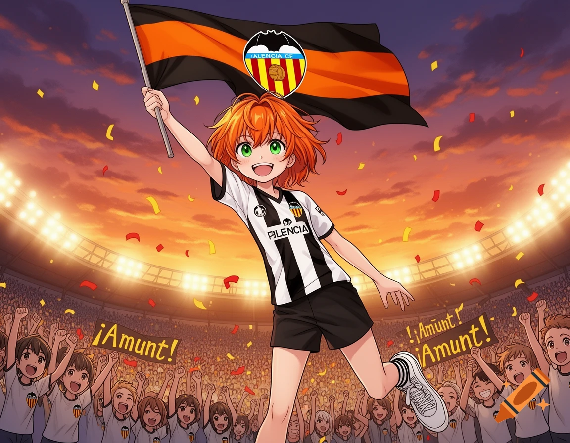 An anime-style girl with orange hair, wearing a Valencia CF jersey, stands on a football field holding a flag for the team. A cheering crowd fills the stadium under a sunset sky.