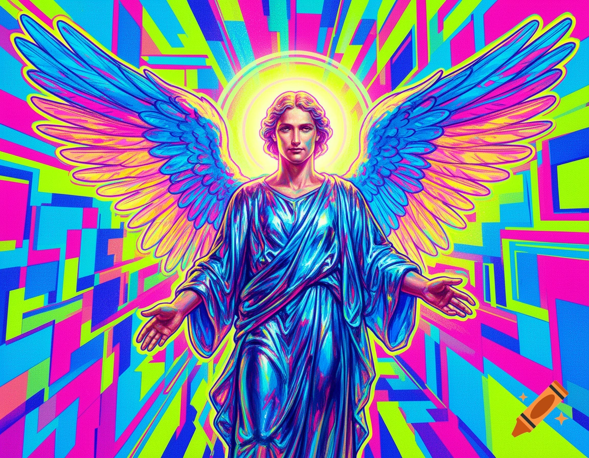 A vibrant pop art illustration of an archangel with colorful wings and robes, glowing against a neon geometric background.