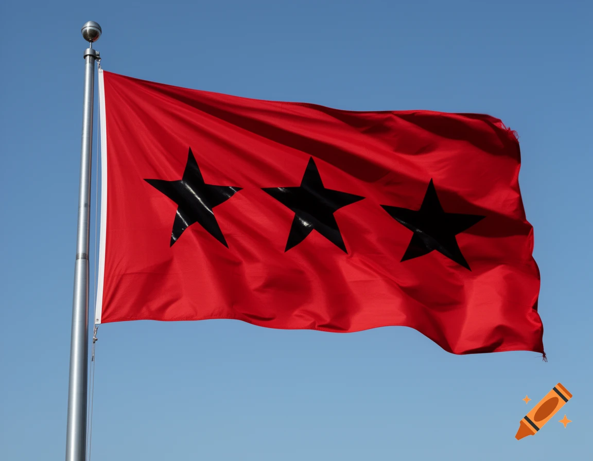 A red flag with three black stars on a flagpole against a clear blue sky.
